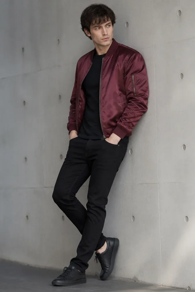 A model in black jeans wearing a burgundy bomber jacket with a satin sheen. The jacket is worn open over a black fitted tee. The shoes are black low-top sneakers with a matte finish.