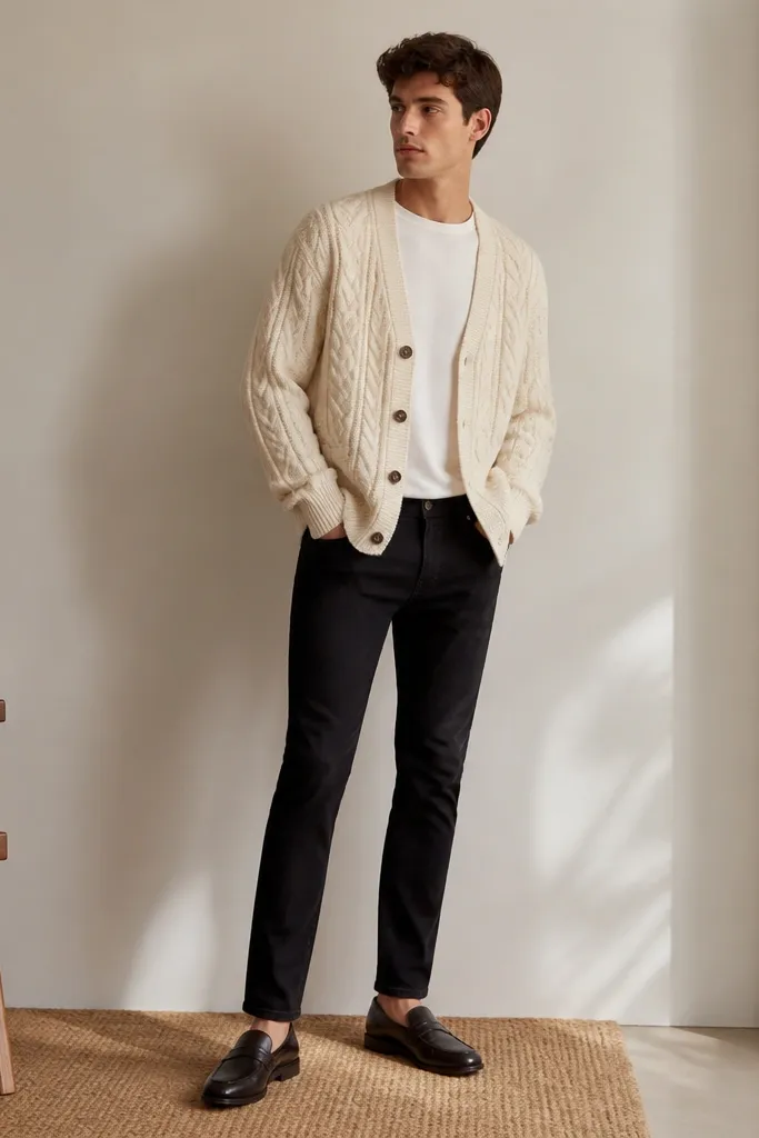 A model wearing a cream cable-knit cardigan over a white crewneck. The black jeans are slim taper. Shoes are dark leather loafers, almost black, with a low heel and clean leather.
