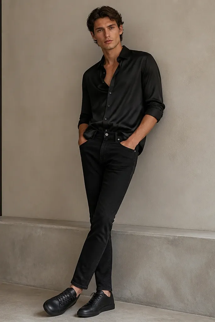 A model wearing matte black jeans with a black satin button-up shirt. The shirt is slightly loose at the torso, sleeves rolled to the forearm, and the front is partially tucked. Shoes are black leather dress sneakers.