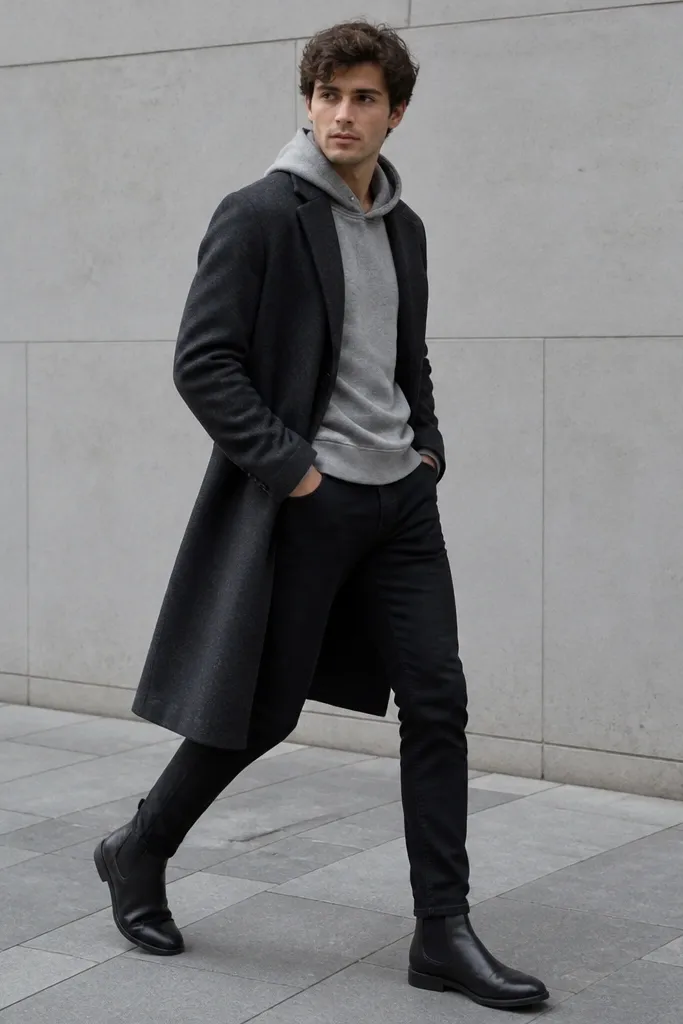 A model in black jeans wearing a heather gray hoodie. A long charcoal wool coat is worn open over the hoodie. Shoes are black Chelsea boots and the hood peeks out slightly at the collar.