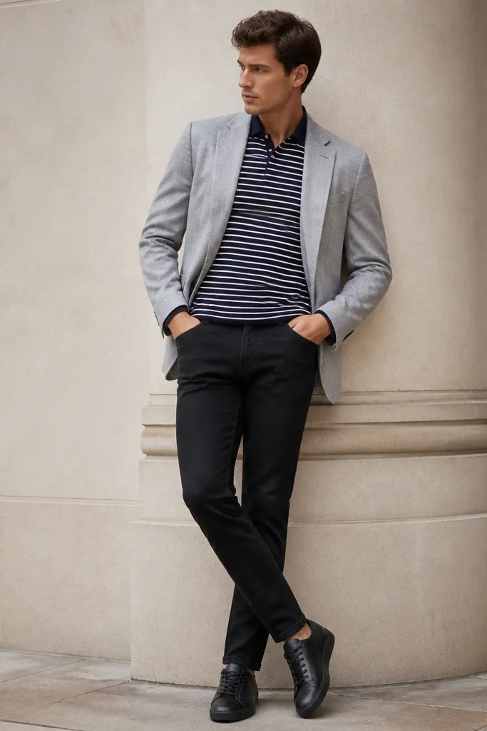 A model wearing black jeans with a navy-and-white striped polo shirt. A light gray blazer is worn open. The shoes are black leather sneakers with a low profile and clean laces.