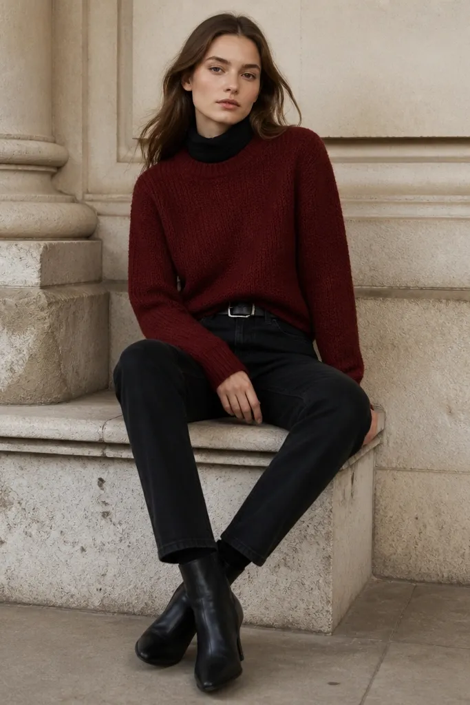 A model wearing black jeans with a deep red knit sweater. The sweater has a crew neck and a slightly textured stitch. They're wearing black ankle boots and a black scarf tucked at the neck.