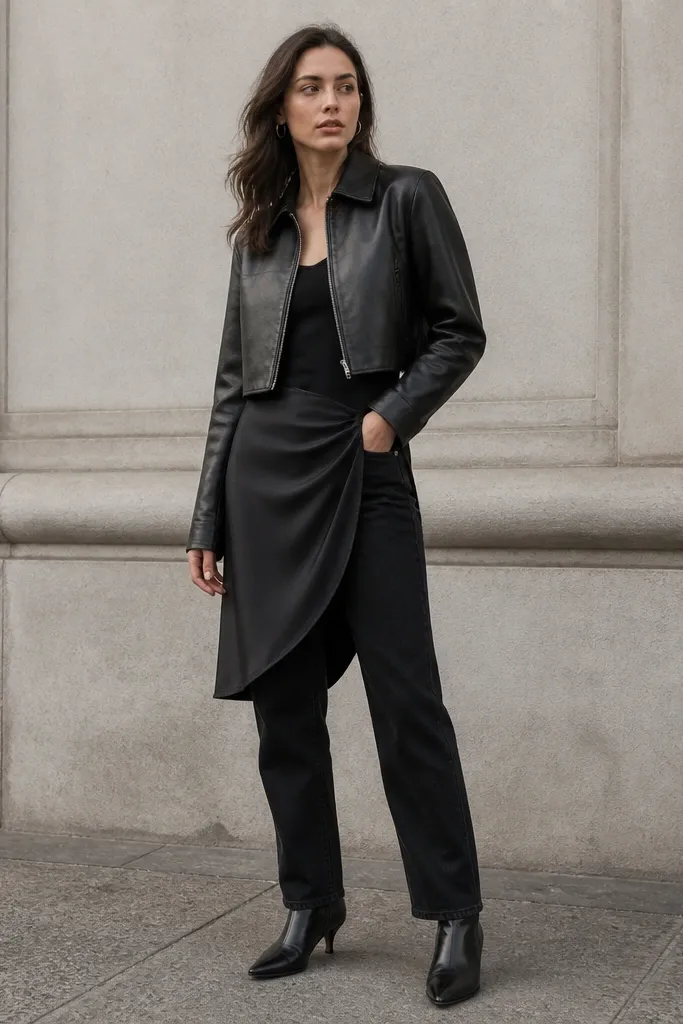 A model wearing black jeans styled with a black satin slip skirt layered over the top front. A cropped black leather jacket sits above it. The shoes are black heeled ankle boots and a small silver hoop earring is visible.