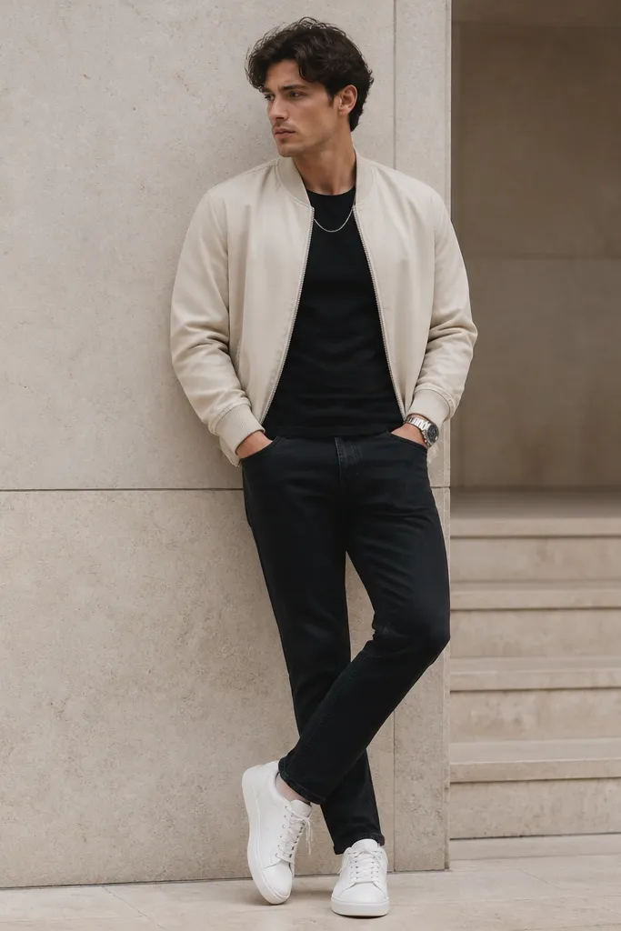 A model in black jeans wearing a cream bomber jacket with ribbed cuffs. Under it is a black fitted tee. The shoes are white sneakers. A metallic watch strap is visible and a thin chain necklace sits at the collar.