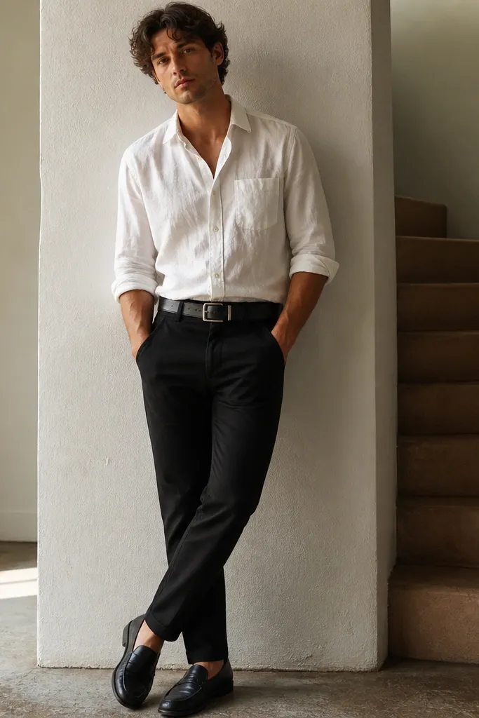 A model wearing black jeans with a white linen button-up. The linen shirt is slightly wrinkled naturally, sleeves rolled, and the front is tucked. They're wearing dark leather loafers and a black belt.