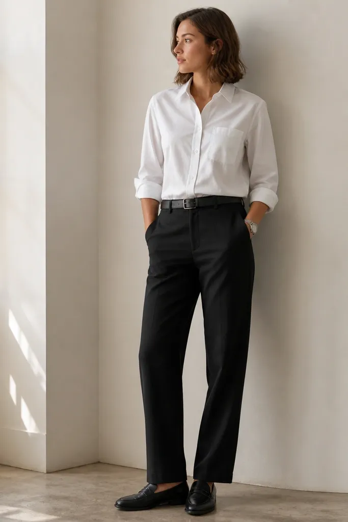 A model wears black linen pants with a mid-rise waistband and a crisp white poplin button-down fully tucked. The sleeves are rolled once at the forearm. Shoes are black leather loafers with a low heel. A matte black belt and a simple silver watch sit at the waist.