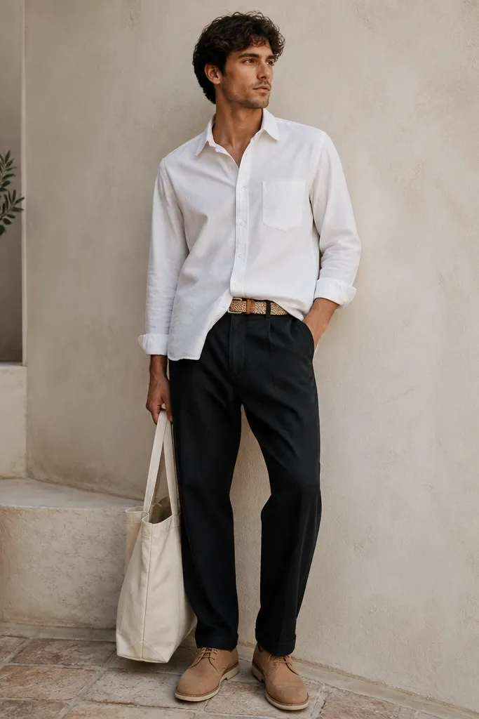 A model wears black linen pants with a relaxed straight leg. A white oxford shirt is half-tucked at the front only. The shoes are tan suede desert boots. The belt is woven in natural tan and off-white. A canvas tote hangs at the side.