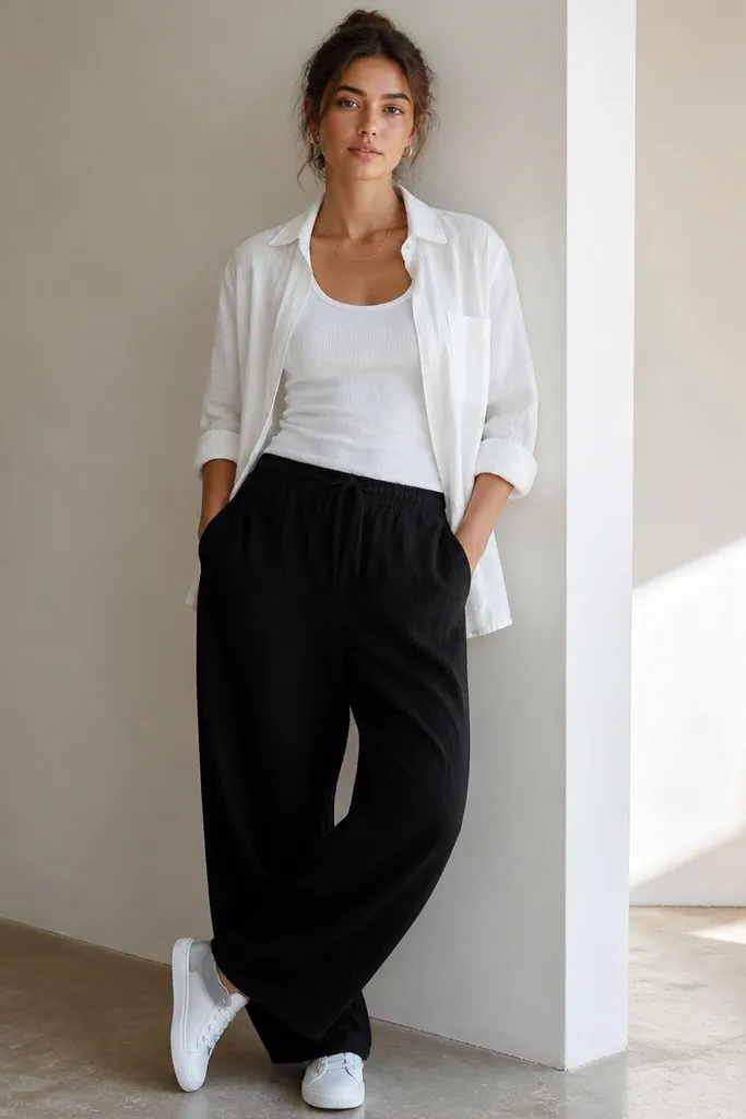 A model wears black linen pants with a loose drape. Over the top is an open white linen shirt hanging to mid-hip. Underneath is a white ribbed tank. Shoes are clean white minimal sneakers. Accessories include a thin gold chain and small hoop earrings.