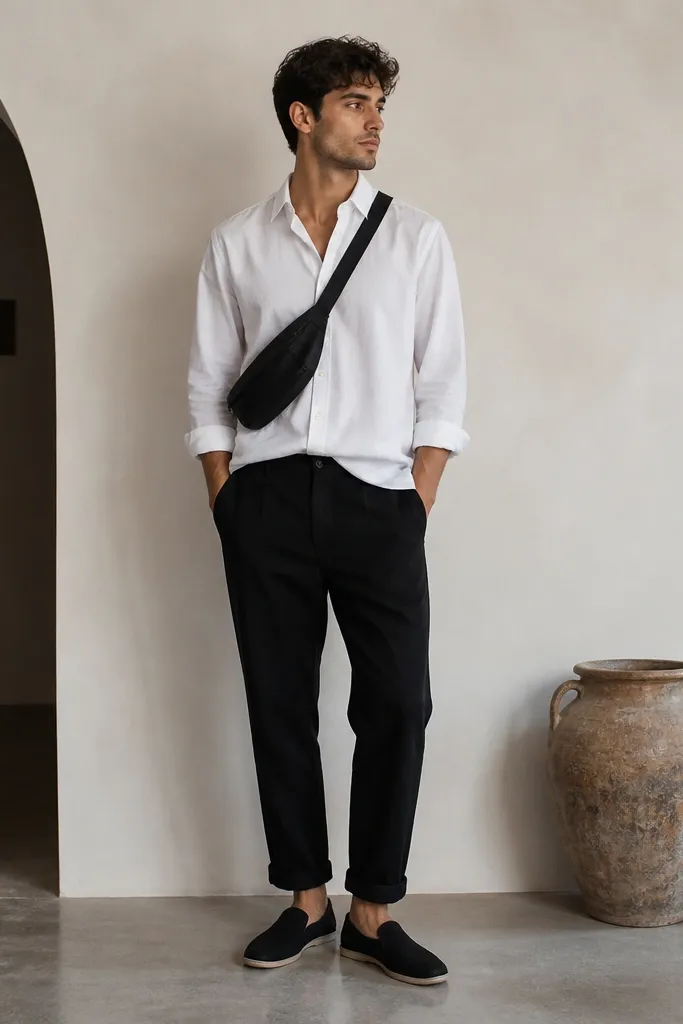 A model wears black linen pants cuffed slightly at the ankle. A white poplin shirt is worn with the top button undone and sleeves rolled once. The shirt is tucked in lightly at the front corners. Shoes are black canvas slip-ons. A black nylon crossbody bag sits across the chest.