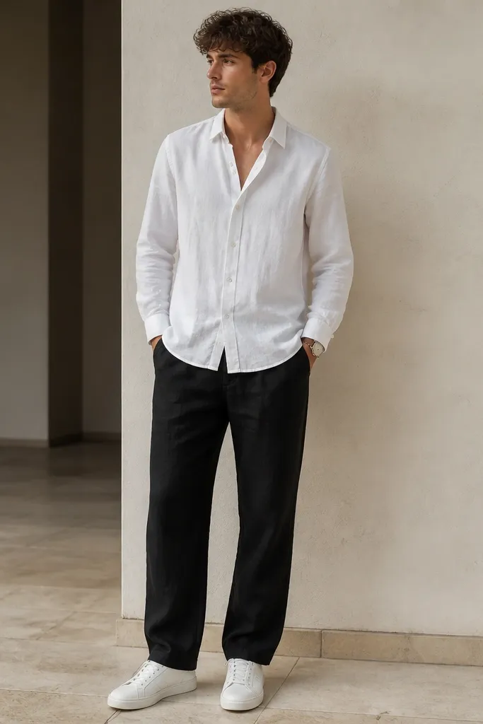 A model wears black linen pants straight through the leg. A white oxford button-down is worn untucked, falling to the upper hip. The placket is half-open with one or two buttons undone. Shoes are white leather low-profile trainers. A watch with a white dial peeks from the sleeve cuff.
