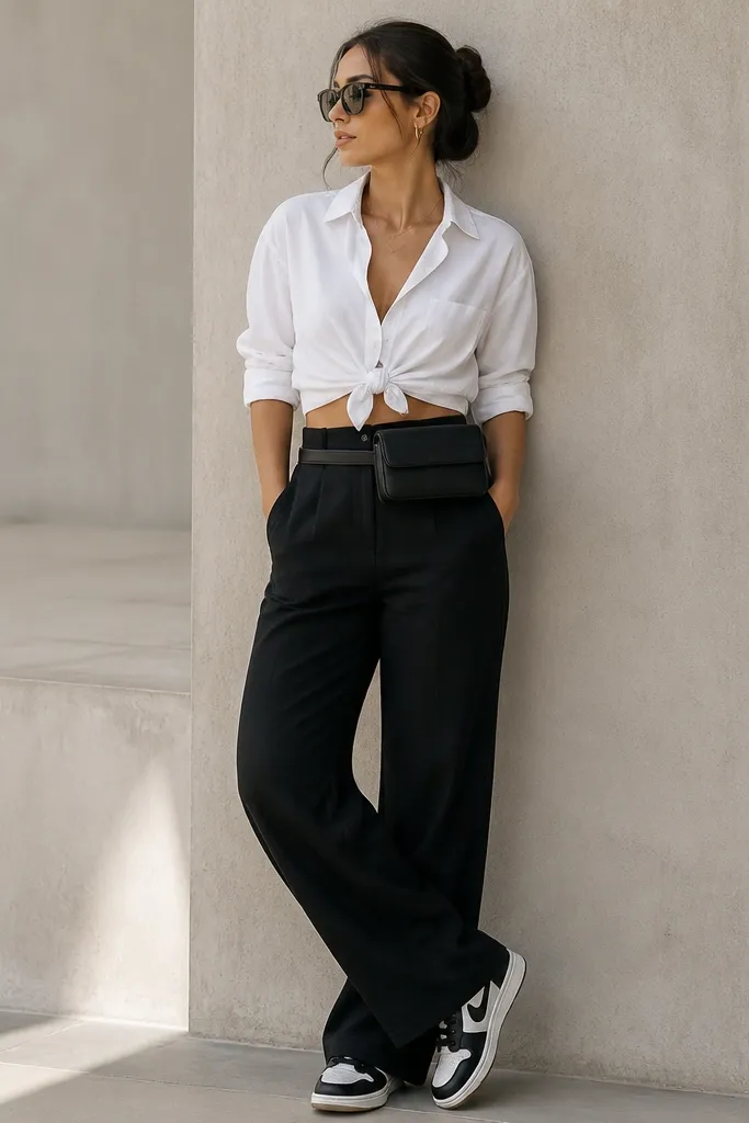 A model wears black linen pants with a slightly structured waistband. A white crisp shirt is tied at the front in a small knot, sleeves rolled. Shoes are black-and-white two-tone sneakers. A small belt bag is worn at the waist.