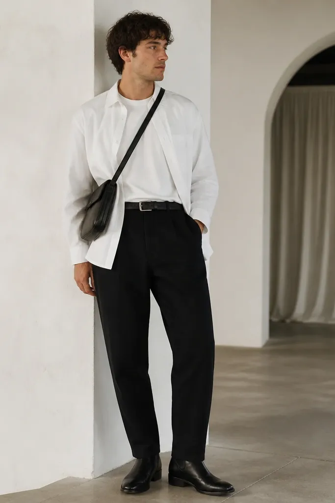 A model layers a white tee under an open white shirt overshirt. Black linen pants are tapered with a clean break. Footwear is black leather ankle boots with a slight stacked heel. Accessories include a dark leather belt and a crossbody bag.