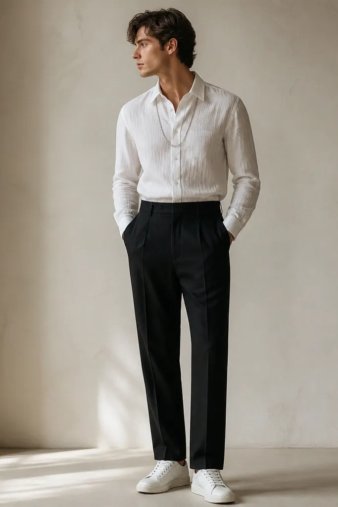 A model wears black linen pants and a white button-down with subtle vertical stripe texture. The shirt is fully tucked. Shoes are white low-top sneakers. A silver chain necklace hangs over the tucked shirt edge.