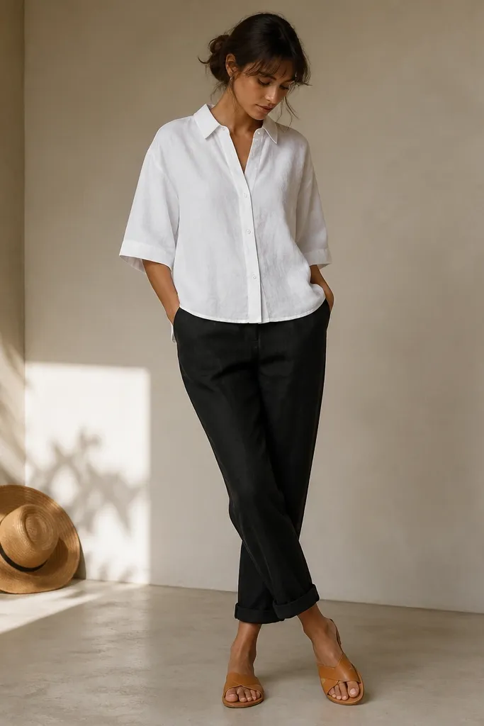 A model wears black linen pants with a neat cuff at the ankle. The top is a white linen shirt with elbow-length sleeves, slightly boxy fit. The shirt is worn untucked. Shoes are tan leather sandals with a single strap. A straw hat sits in the background.