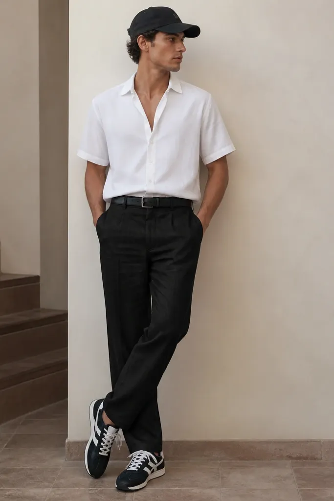 A model wears black linen pants with a relaxed taper. A white short-sleeve button-up sits slightly open at the collar. Shoes are black-and-white track sneakers with a retro stripe. The belt is black leather and a black cap is worn.