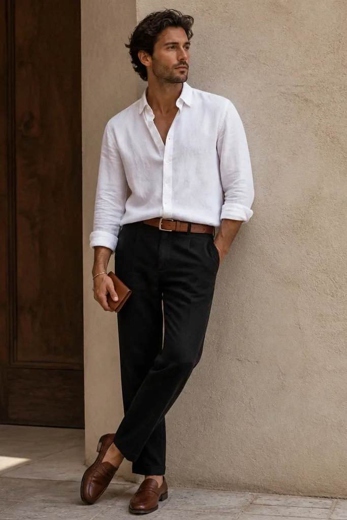 A model wears black linen pants and a white button-up with sleeves rolled once. The shirt is tucked in at the front only. Belt is tan leather with a simple brass buckle. Shoes are brown leather loafers. A small leather cardholder and thin bracelet are visible.