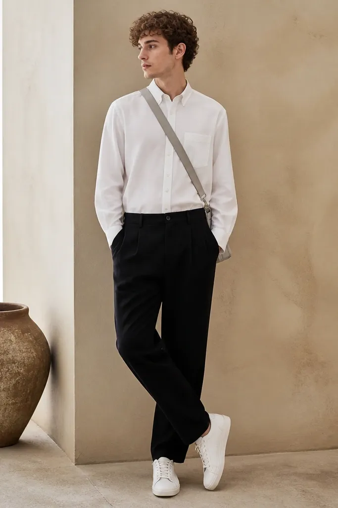 A model wears black linen pants and a white button-down with a single chest pocket. The shirt is tucked in. Shoes are white leather sneakers. A crossbody bag has silver hardware and a light grey strap.
