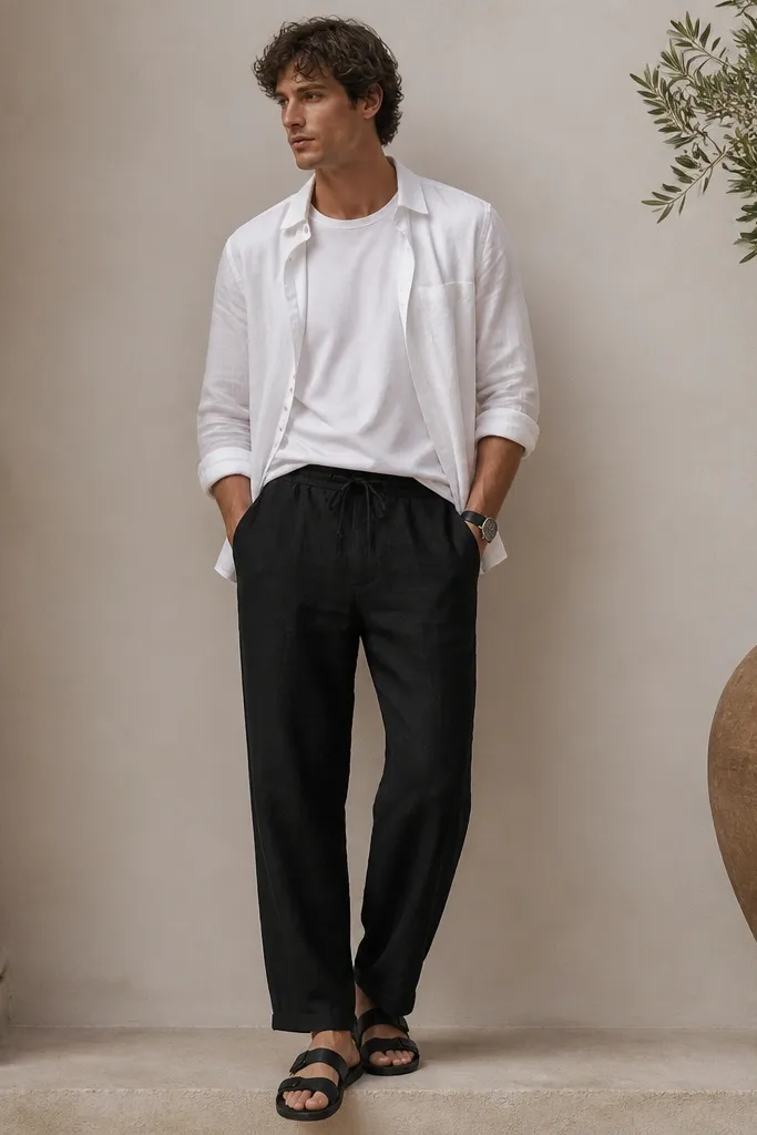 A model wears black linen pants. A white tee is tucked slightly at the front under an unbuttoned white shirt worn open. The shoes are black leather sandals with two straps. The shirt sleeves are rolled once. A black watch is worn.