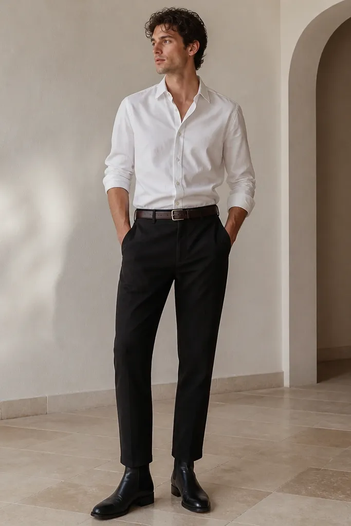 A model wears black linen pants with a slim taper. The top is a white shirt with a dress-shirt cut, worn tucked with a slight pull at the waist. Shoes are black Chelsea boots. A dark brown belt and minimal silver ring are visible.