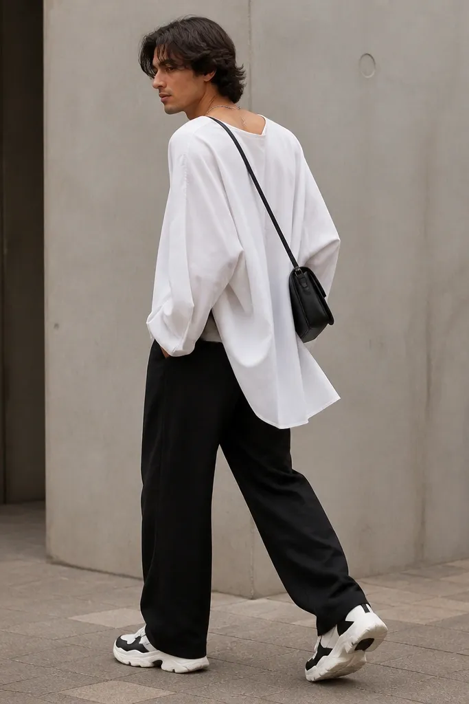 A model wears black linen pants with a relaxed fit. The white oversized shirt is worn backward, collar facing the back, with sleeves hanging. Sneakers are chunky white with black details. Accessories include a black crossbody and a silver chain.