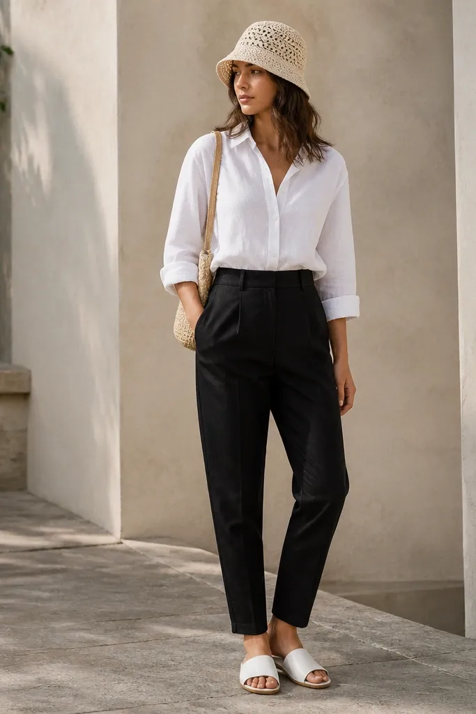A model wears black linen pants with a clean taper. A white button-down is tucked fully and sleeves are rolled once. Shoes are white leather sandals. A crochet bucket hat in cream sits on the head. A small woven shoulder bag hangs at the side.