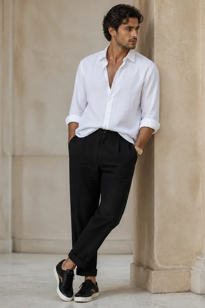 A model wears black linen pants with a cuffed hem and a slight taper. The white shirt is tucked at the front corners and sleeves are rolled. Shoes are black-and-gold sneakers with a subtle gold stripe. Accessories include a gold watch and a thin gold chain.
