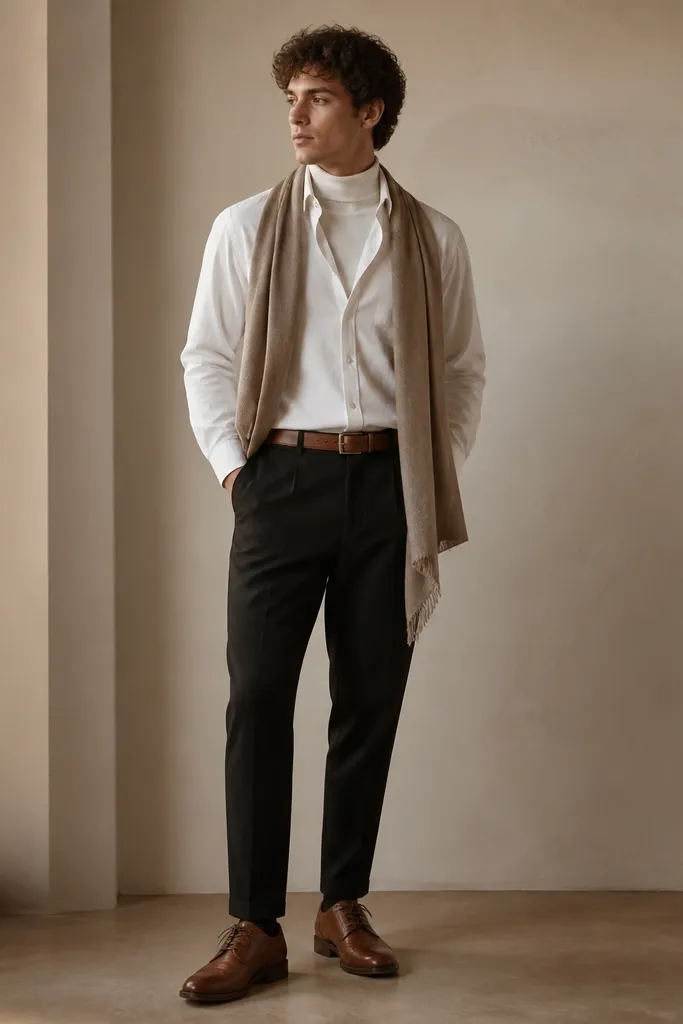 A model wears a white turtleneck sweater under a slightly open white button-up. The black linen pants are tapered and hemmed at the ankle. Footwear is brown leather lace-up shoes. A brown leather belt matches the shoes. A scarf is draped loosely at the neck.