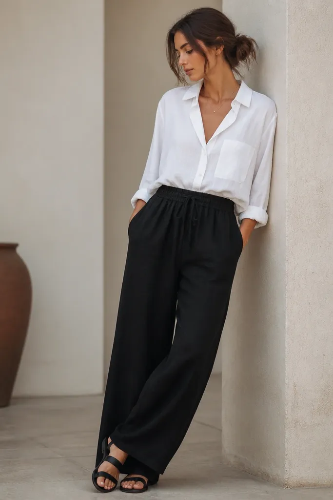 Quick easy black linen pants outfit with white shirt