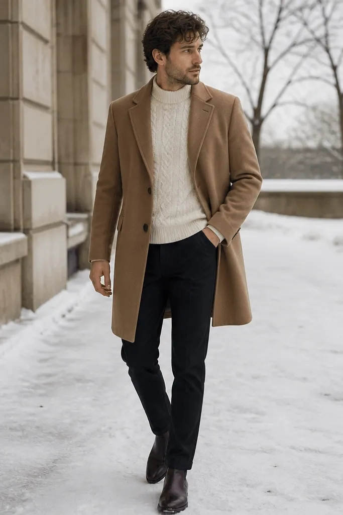 A man wearing black straight-leg jeans with a cream cable-knit sweater, a camel wool overcoat over top, and dark brown leather boots. The outfit is photographed outdoors in winter light, showing the camel coat draping cleanly to mid-thigh.