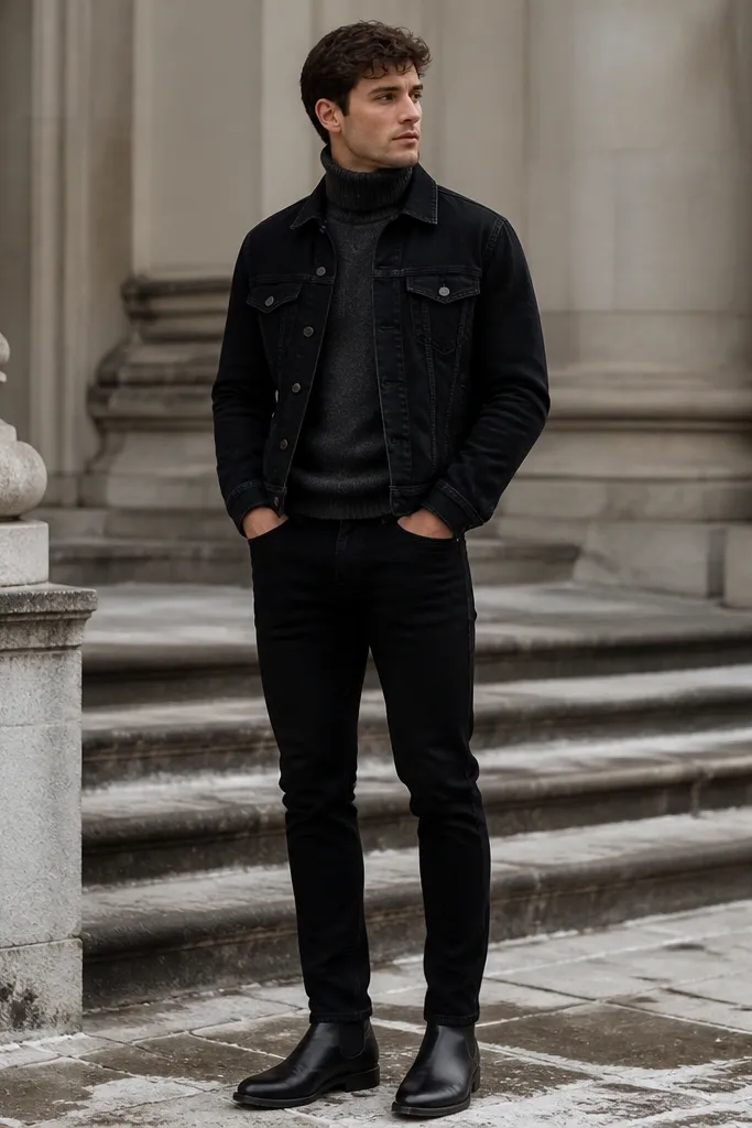 A winter outfit photo: black jeans paired with a charcoal gray turtleneck and a black denim jacket layered on top. The jacket sleeves are buttoned, and the wearer wears black leather Chelsea boots.