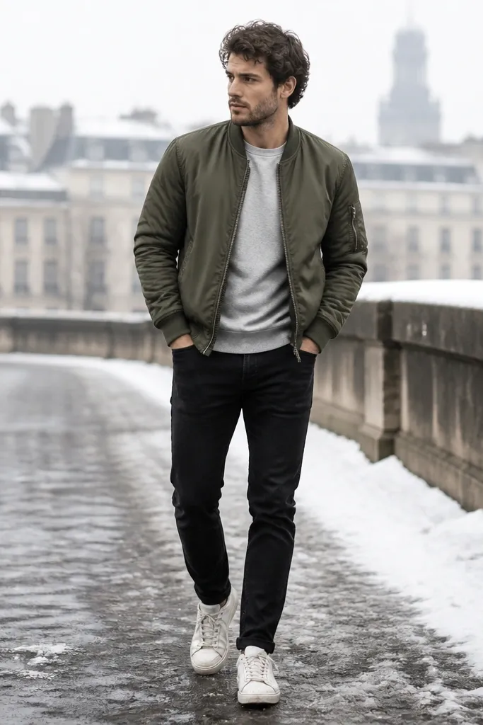 A casual winter scene: black jeans with a heather gray sweatshirt and an olive-green bomber jacket. The wearer wears white low-top sneakers with a slightly worn look.
