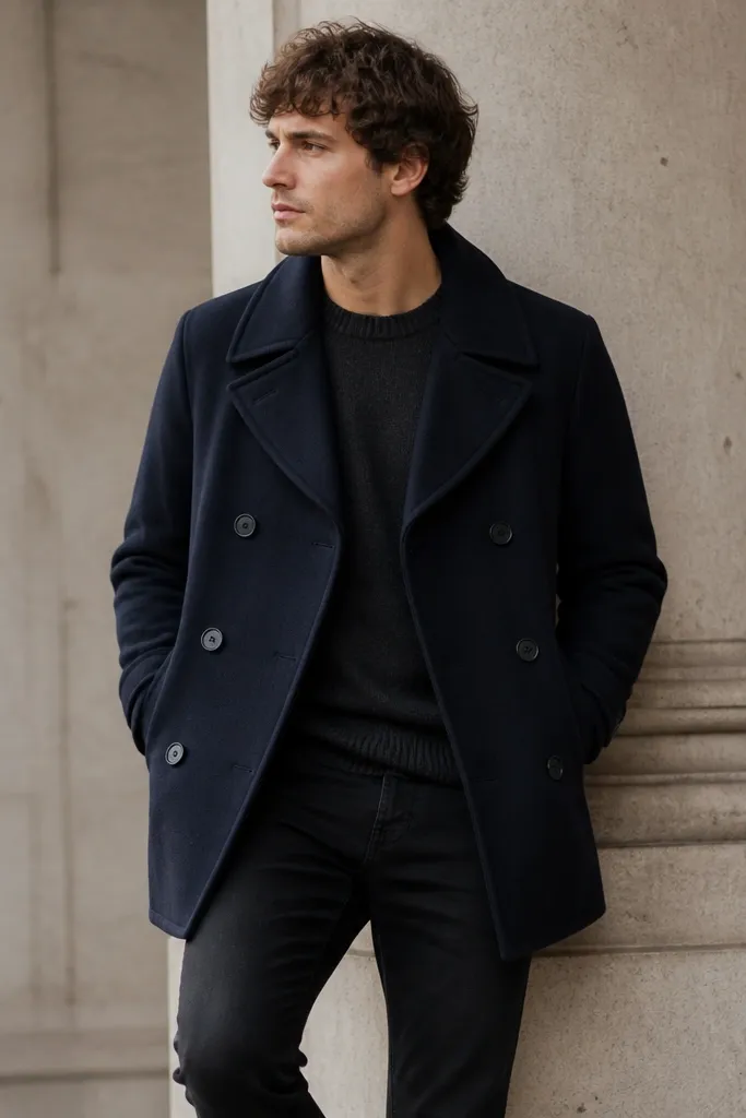 A man wearing black jeans, a dark gray crewneck sweater, and a navy peacoat. The photo shows the peacoat's lapels and double-breasted buttons over the jeans.