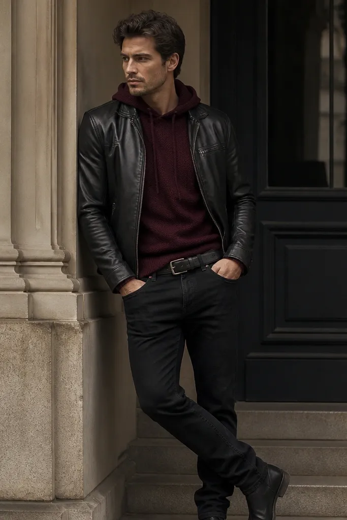 A leather jacket outfit: black jeans worn with a burgundy knit hoodie and a black leather jacket. The hood is down, and the wearer has dark boots and a slim belt.