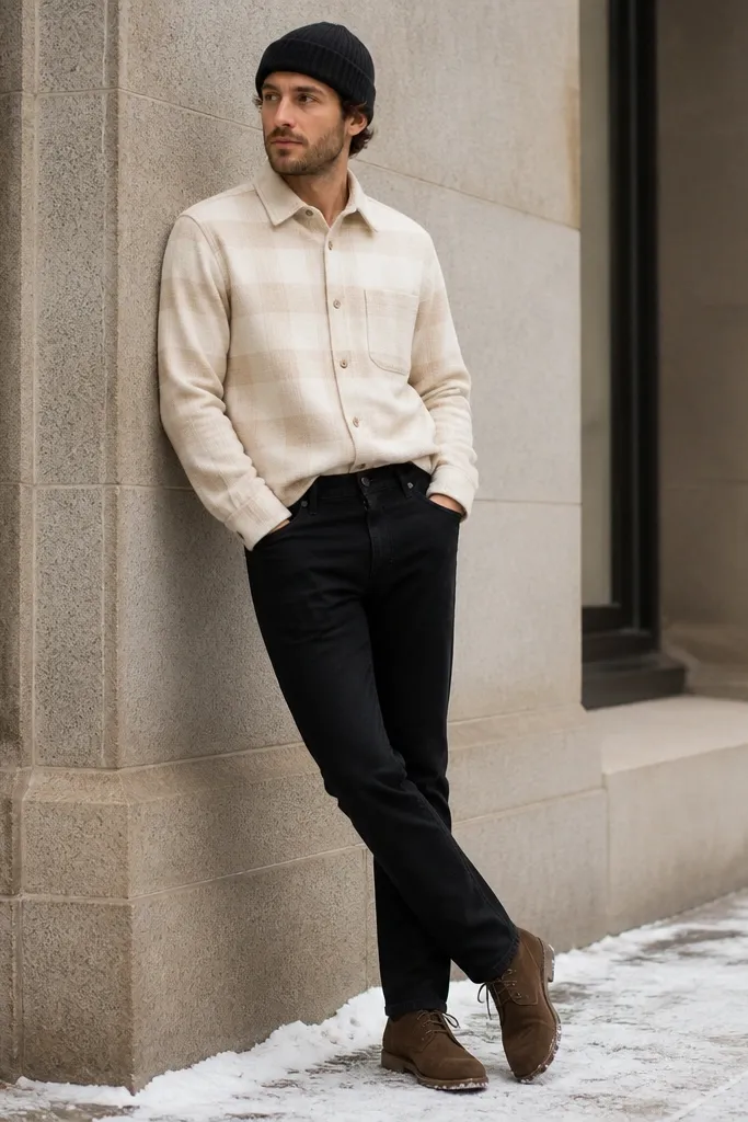 A casual winter outfit showing black jeans with a cream brushed flannel shirt worn buttoned and slightly tucked. The wearer layers a dark knit cap and brown suede shoes.
