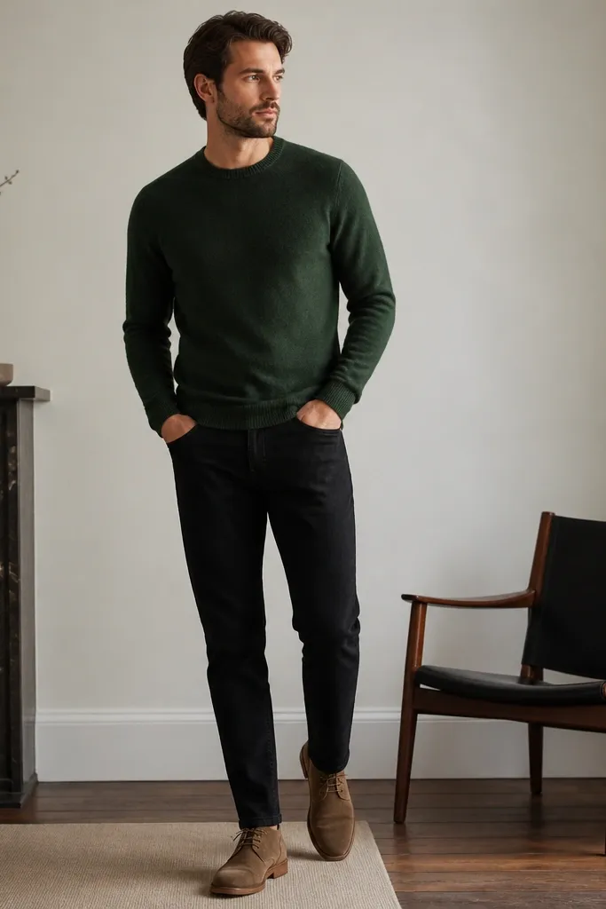 Black jeans paired with a forest green wool crew sweater and tan suede chukka boots. The sweater sleeves sit close to the wrists, and the jeans have a clean hem.
