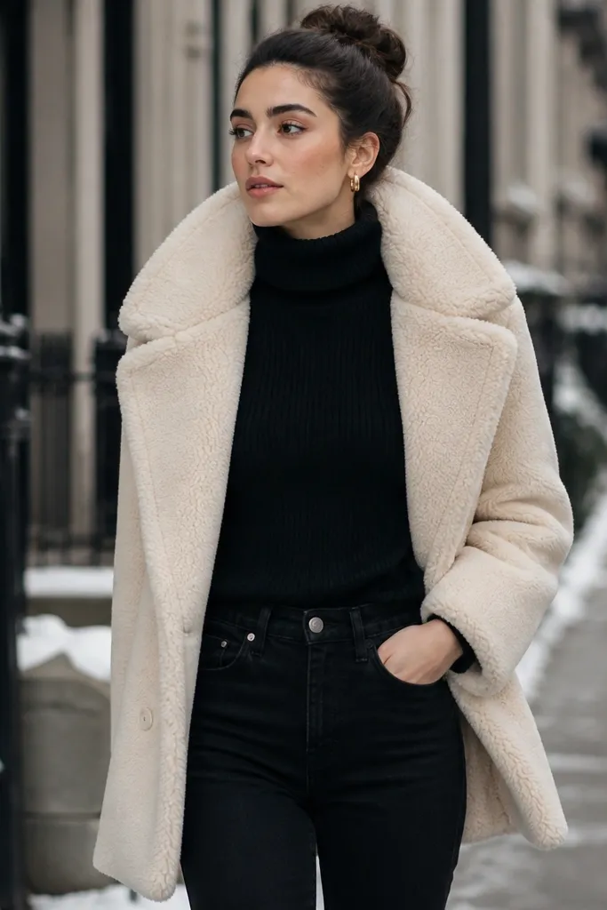 A winter street photo of black jeans with a black turtleneck and a cream shearling-style coat. The coat collar is plush and frames the neck.