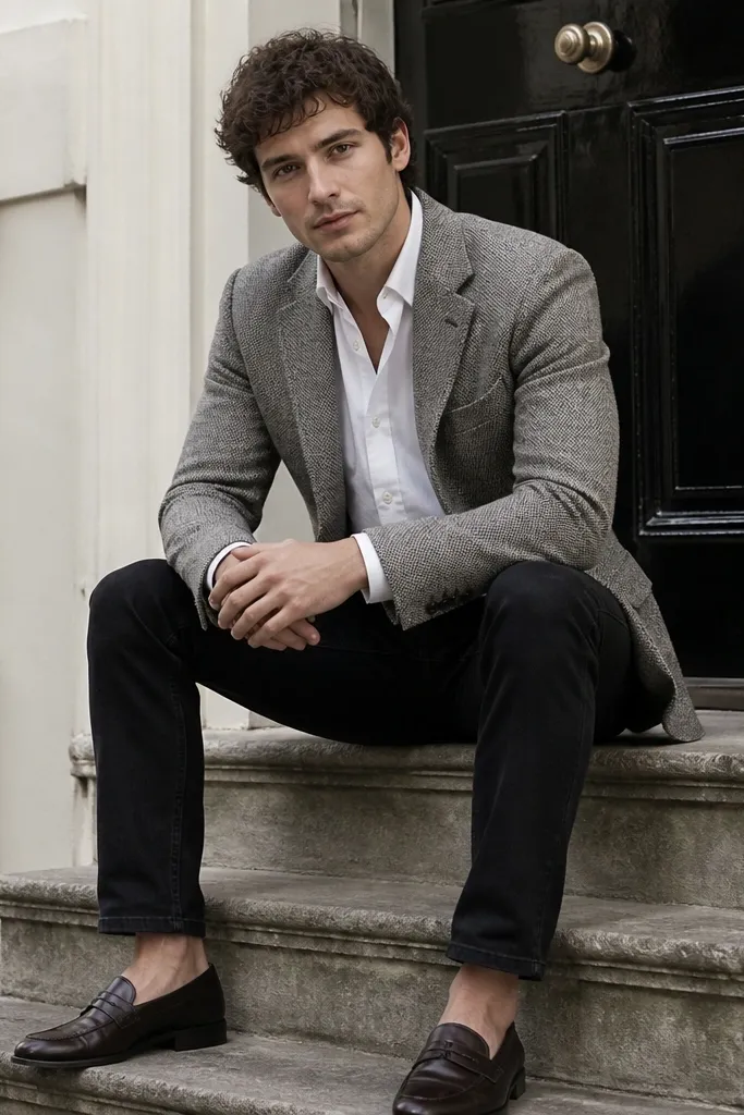 Black jeans worn with a white Oxford button-down under a gray tweed jacket. The jacket has a textured weave and the wearer wears dark loafers.