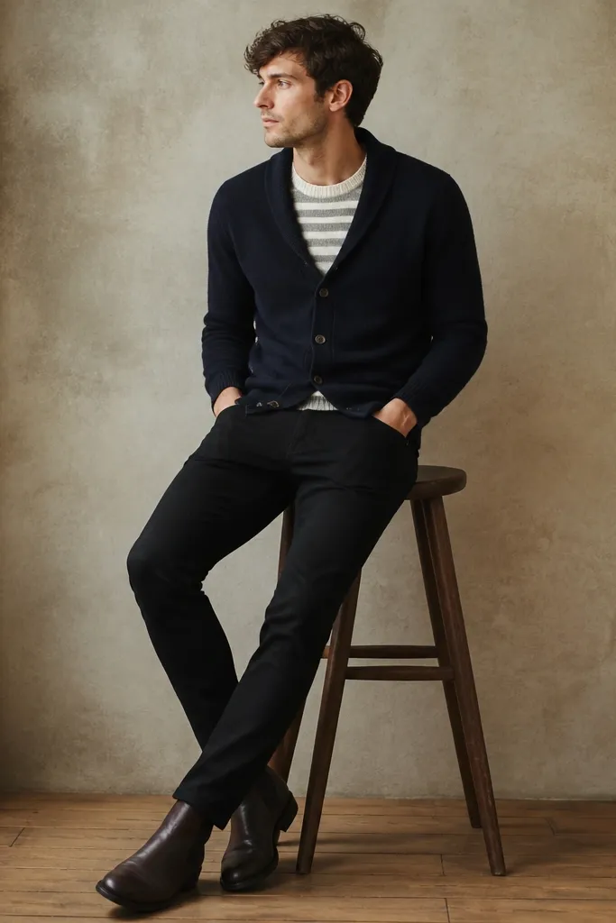 Black jeans paired with a sweater that has subtle stripes in gray and cream, layered under a navy cardigan. The cardigan is buttoned and the outfit includes dark boots.
