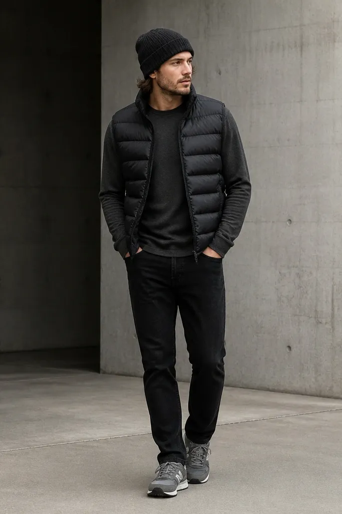 Black jeans with a long-sleeve thermal shirt in charcoal, layered with a black puffer vest. The wearer has a dark beanie and gray sneakers.