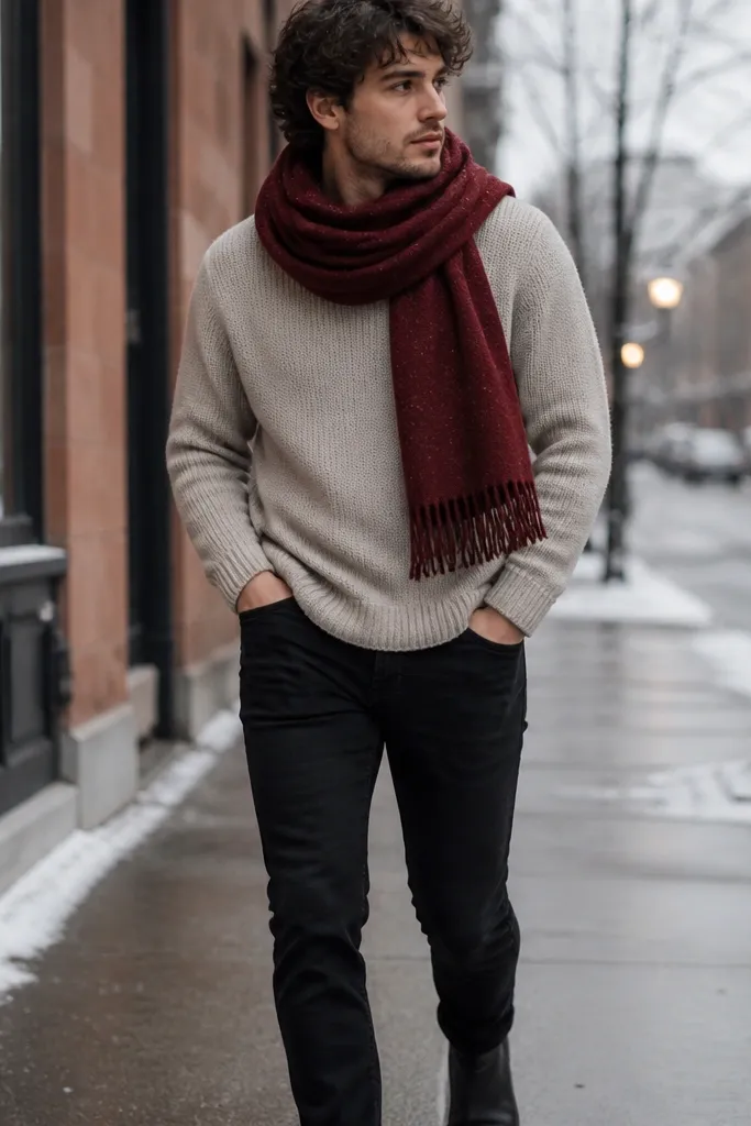 A close winter street shot: black jeans with an oatmeal crew sweater and a burgundy wool scarf wrapped around the neck. The shoes are dark and the scarf is the only standout color.