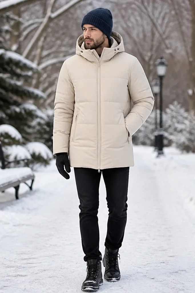 A winter park look: black jeans with a cream insulated parka, navy knit beanie, and black gloves. The parka is zipped and the wearer wears dark snow boots.