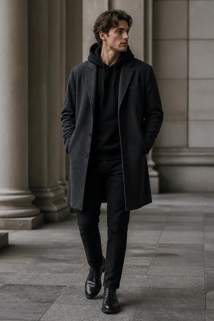 Black jeans with a black hoodie and a charcoal wool overcoat. The hoodie hem peeks slightly at the overcoat opening, and the wearer wears dark leather shoes.