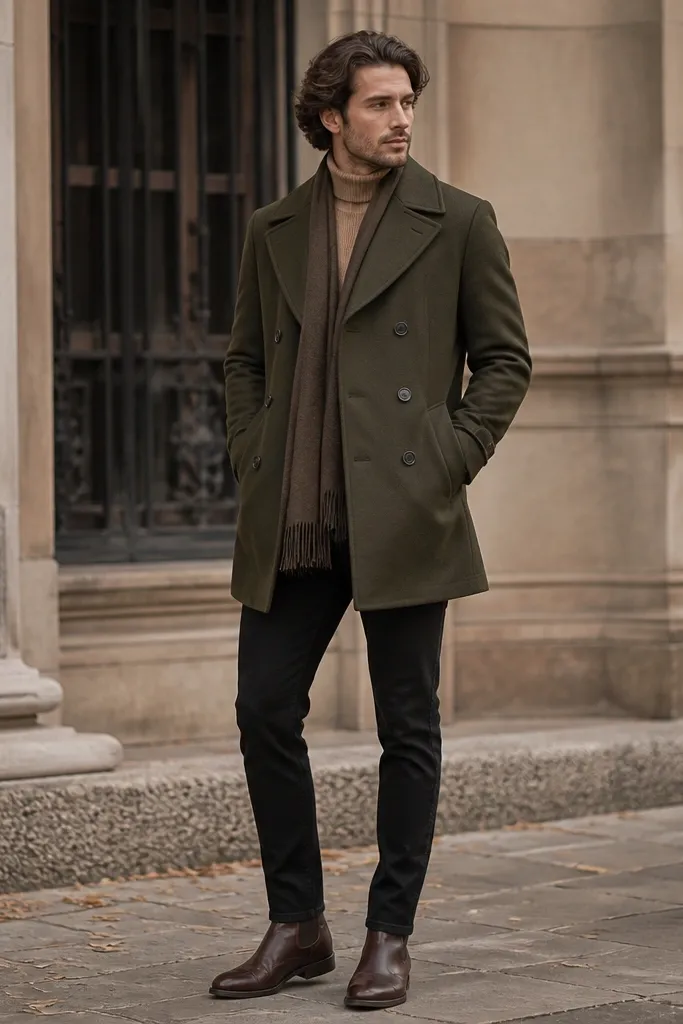 Black jeans with a camel knit turtleneck and a dark olive pea coat. The coat is buttoned, and the wearer has brown leather boots and a wool scarf.