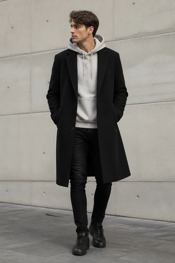 A long black coat over a light gray hoodie, with black jeans underneath. The wearer wears black sneakers and keeps the hood down.
