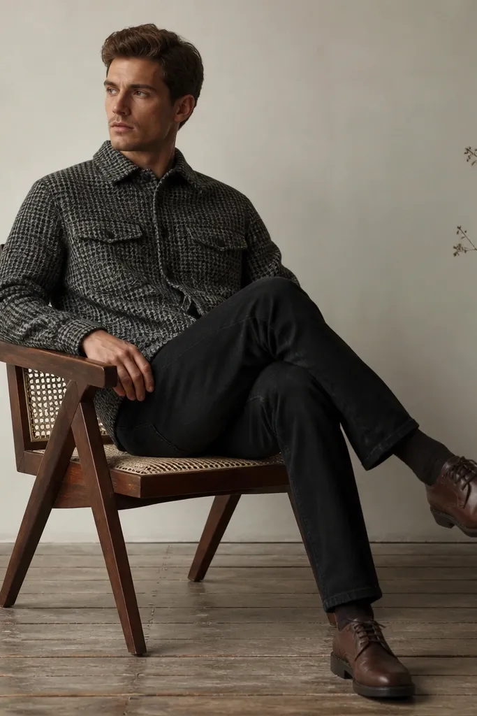 Black jeans paired with a houndstooth tweed overshirt in gray and black. The overshirt is worn buttoned and the wearer wears dark brown shoes.