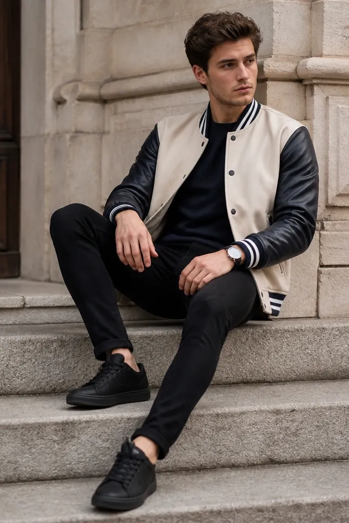 Black jeans worn with a navy sweatshirt and a cream varsity jacket with dark sleeves. The outfit includes black sneakers and a simple watch.