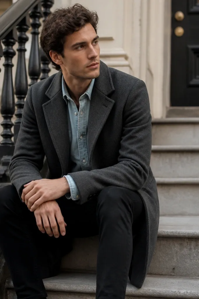 Black jeans with a light blue denim button-down layered under a gray overcoat. The collar is visible and the sleeves peek at the cuffs.