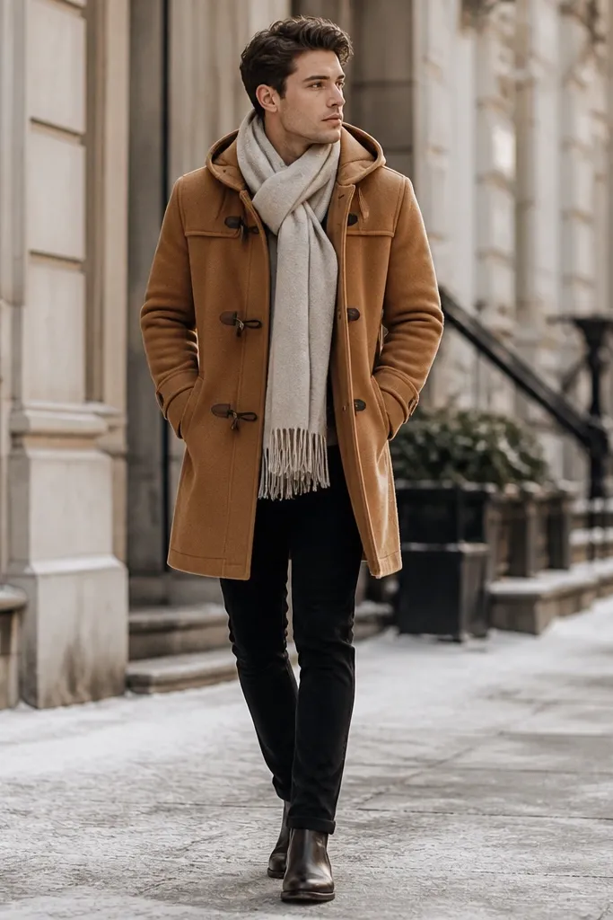 A winter coat outfit: black jeans with a camel duffle coat, an oatmeal wool scarf, and dark boots. The duffle coat shows toggle closures and a wool hood.