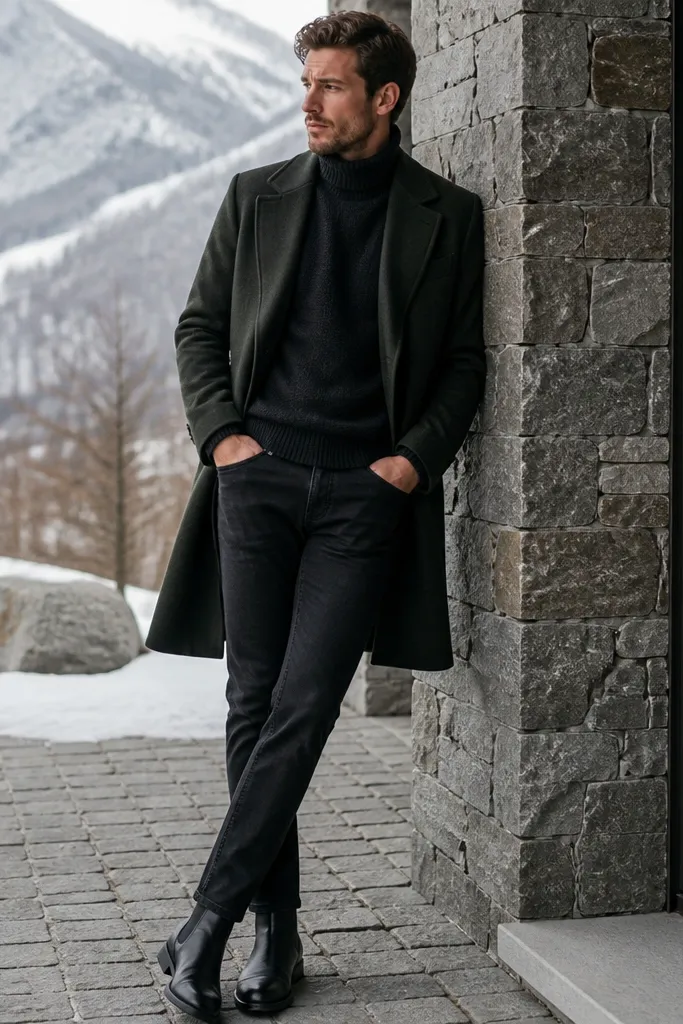 Seasonal evergreen black jeans outfit mens winter style