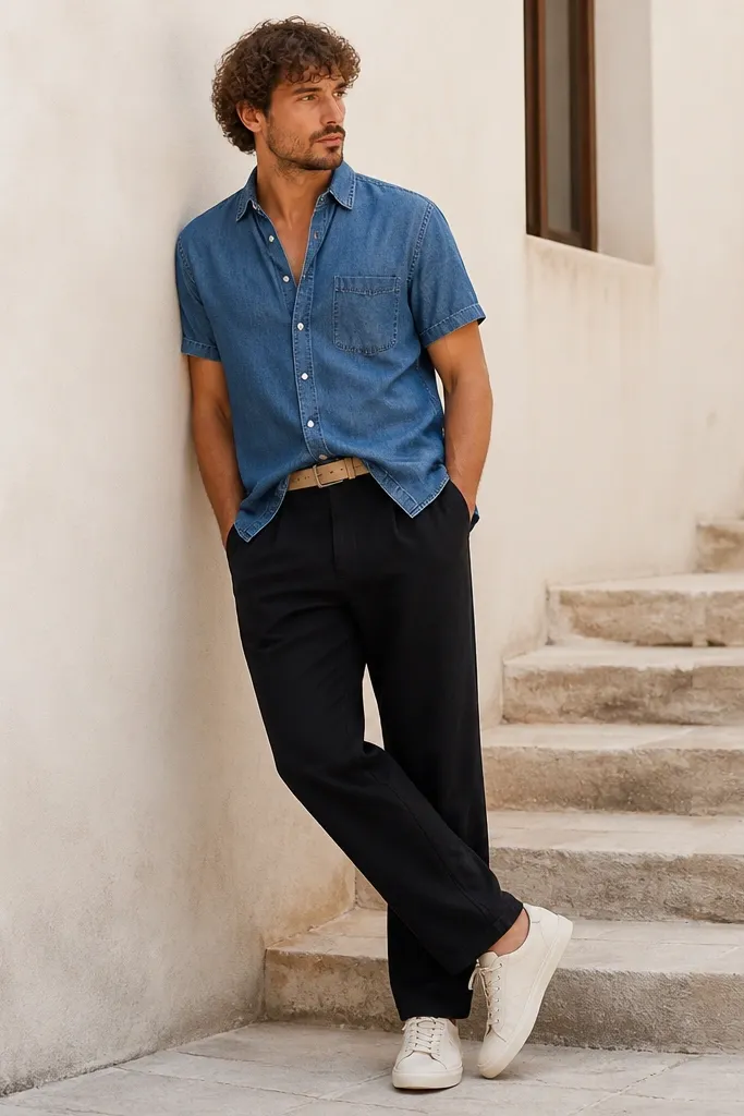 Black linen pants paired with a washed medium-blue denim short-sleeve shirt. The shirt is worn untucked, slightly open at the collar, with a light tan belt and off-white low-top sneakers.